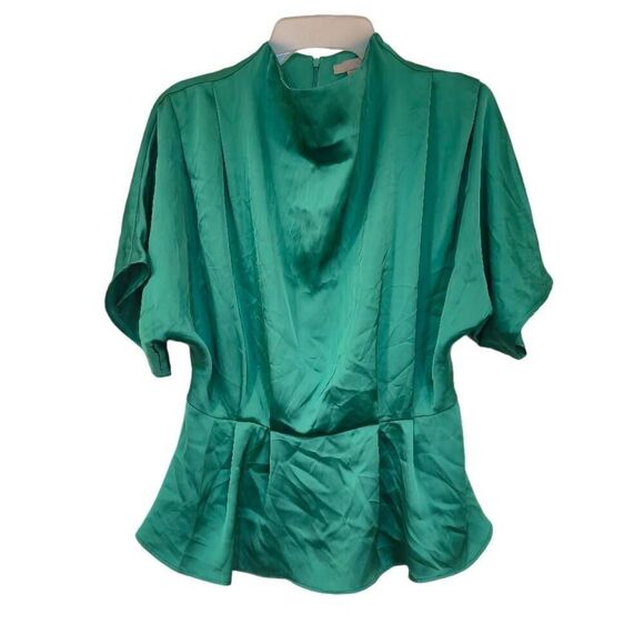 H&M Women's Turquoise Green Poly Satin Charmeuse Stand Collar Short Batwing Slee - Picture 2 of 8